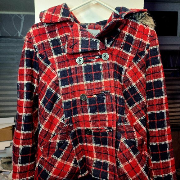 Red & Navy Blue Checkered Peacoat - Picture 1 of 4